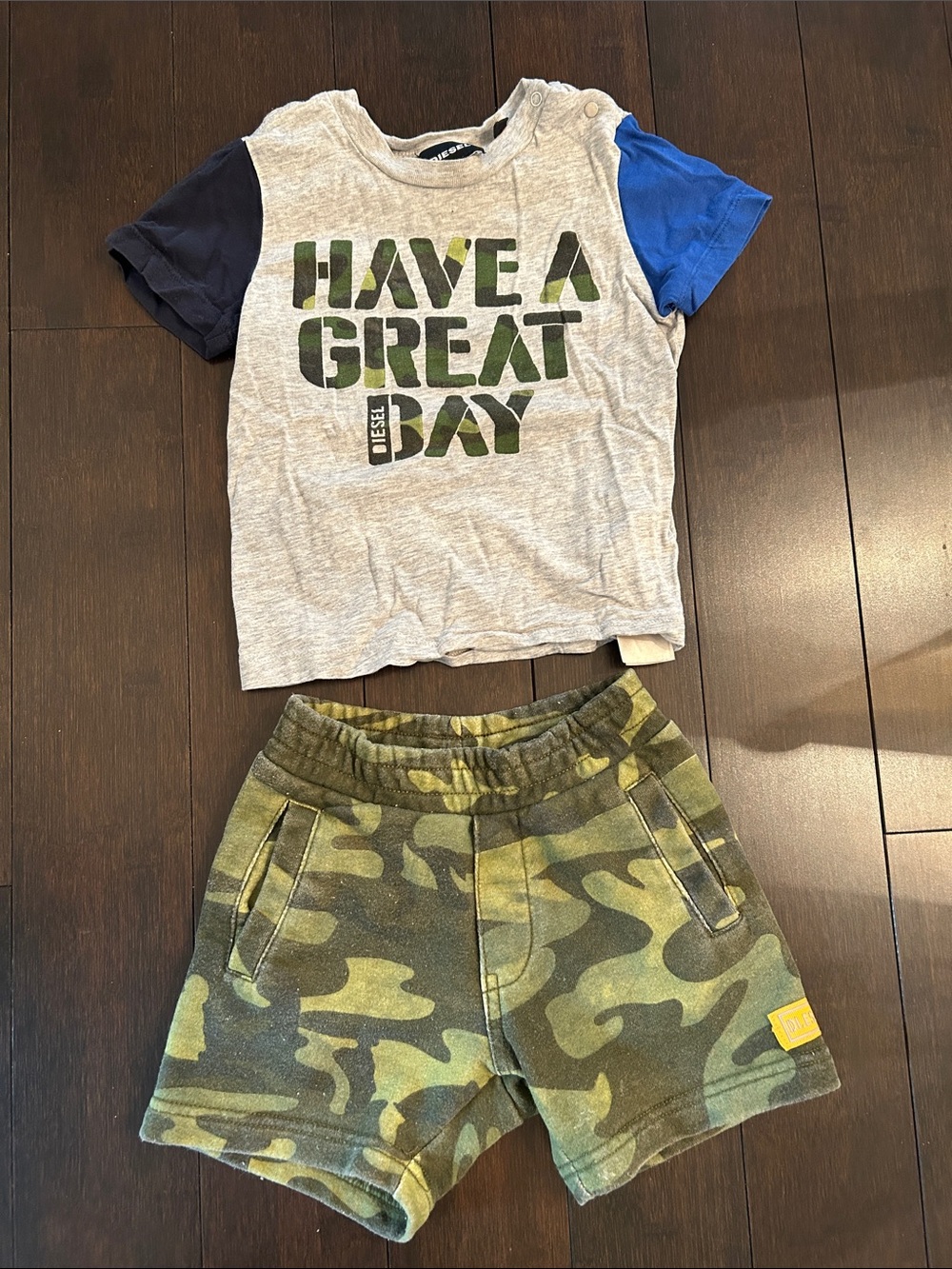 Diesel Kids Gray Tee with Blue/Navy Sleeves & Green Camo Shorts